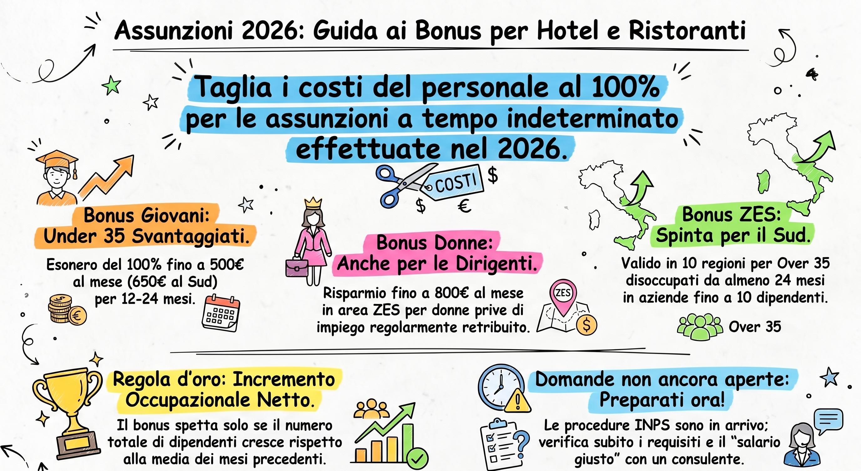 Schema bonus assunzioni 2026: Giovani, Donne e ZES – esonero contributivo DL 62/2026