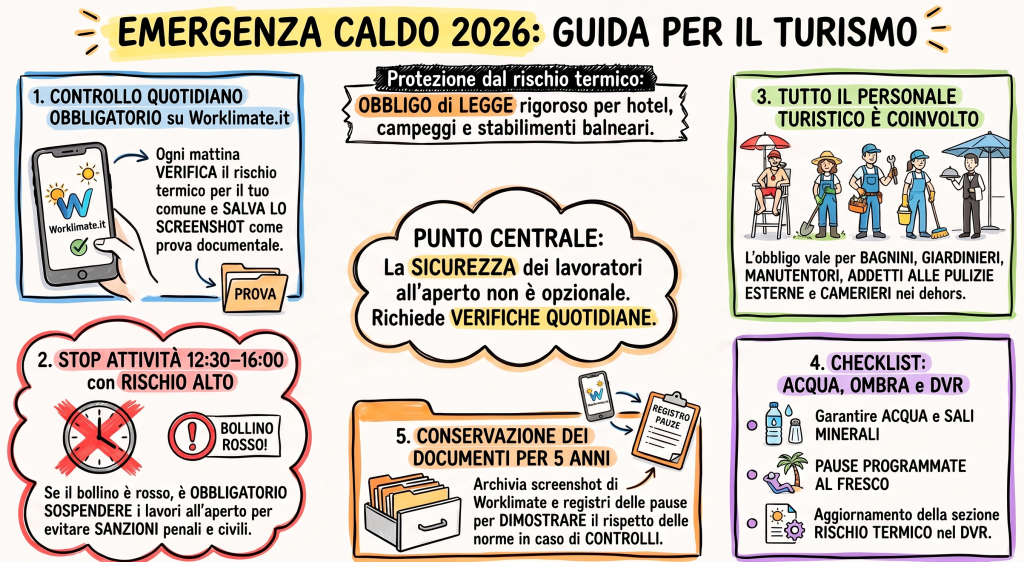 Lavoratori all'aperto in estate in un campeggio, obblighi sicurezza caldo lavoro 2026 Veneto