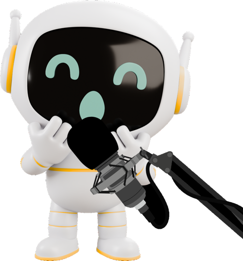 Robot mascotte di Studio Baroldi che parla al microfono del podcast